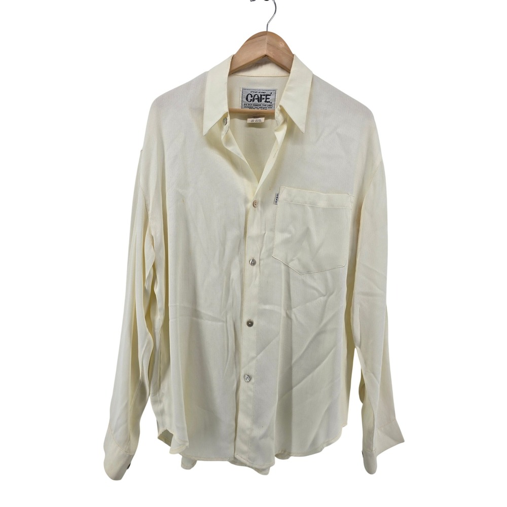 Cafe Button Down‎ Shirt Mens L Cream Vintage 80s Rayon Acetate Blend USA Made